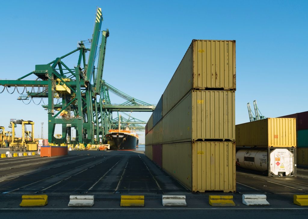 Shipping containers in shipyard