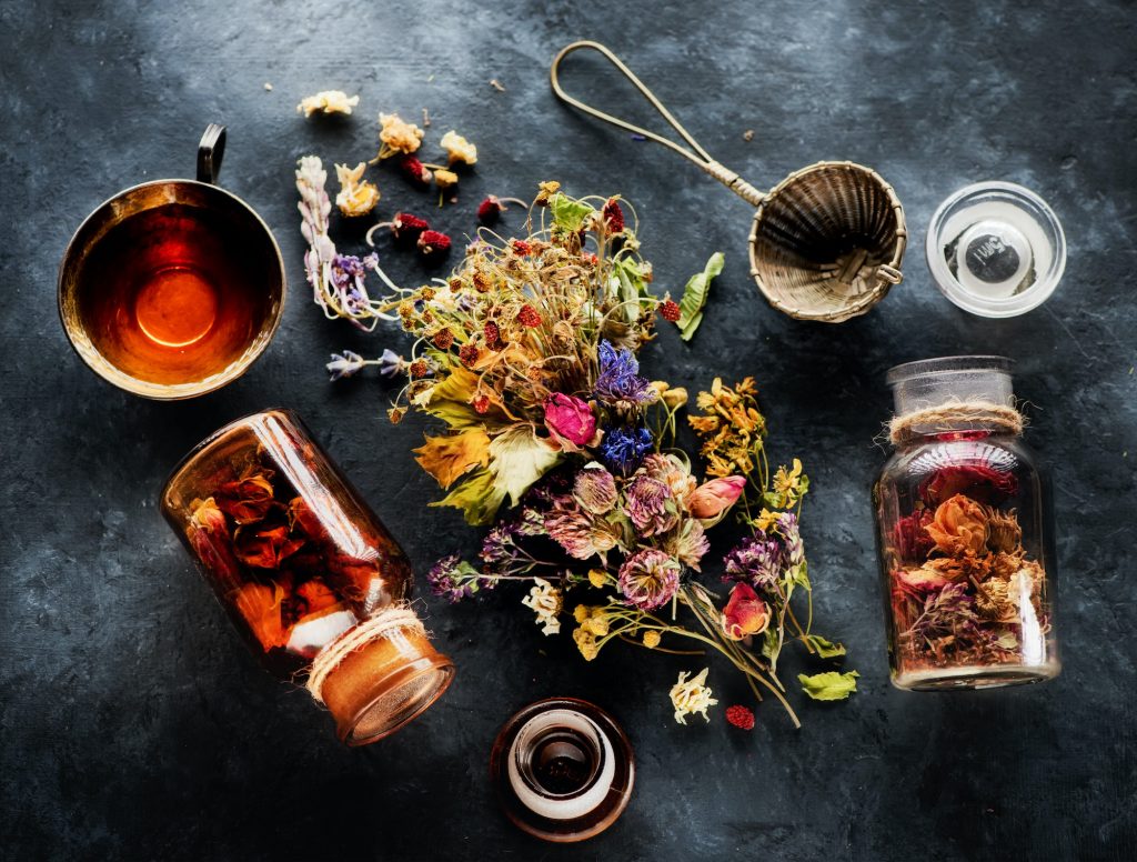Various medicinal herbs and flowers and herbal tea