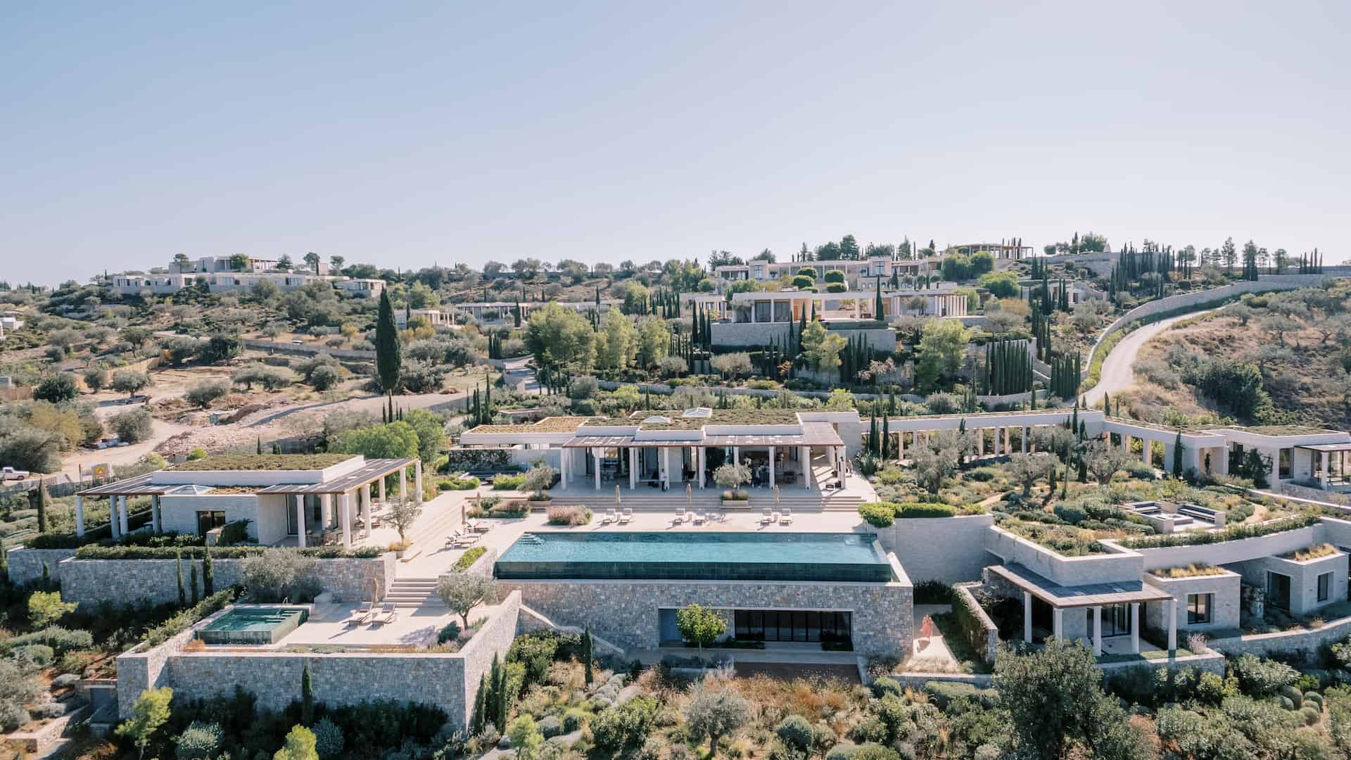 hotel complex amanzoe with terraces and swimming