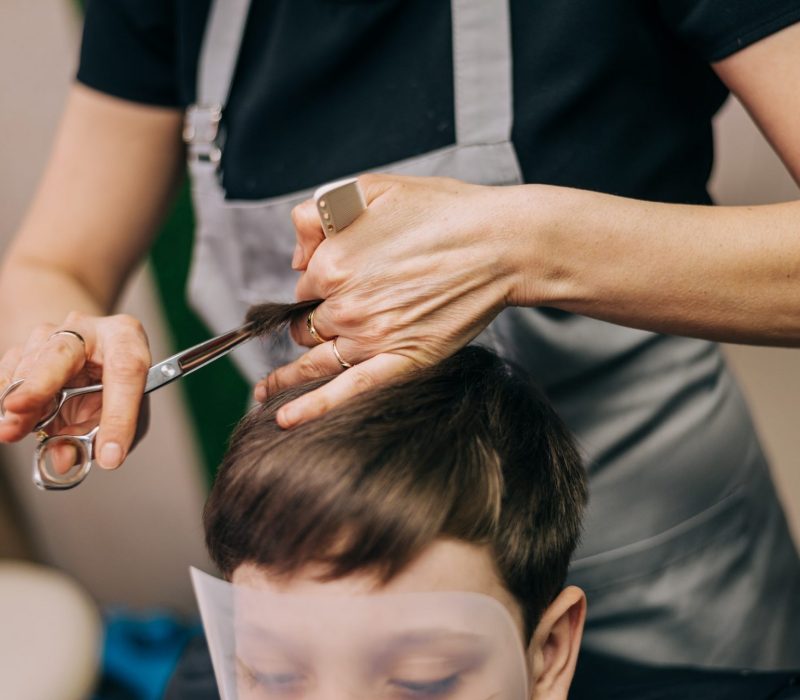 Little kid boy in the barbershop or hairdressing saloon. Barber is doing haircut for a toddler